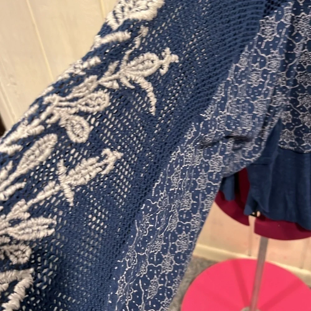 Free People Indigo Dreams Top XS Embroidered Mesh Balloon Sleeves